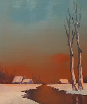 Kunstschilder Leo Jordaens met een schilderij op paneel