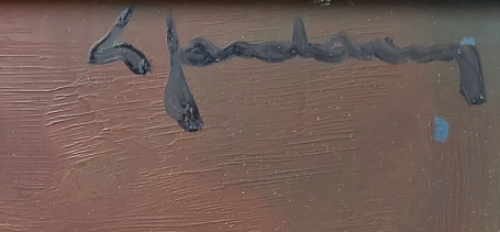 Kunstschilder Leo Jordaens met een olieverfschilderij