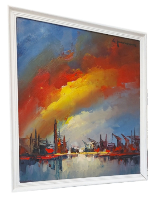 Kranen in de haven  met regenbooglucht