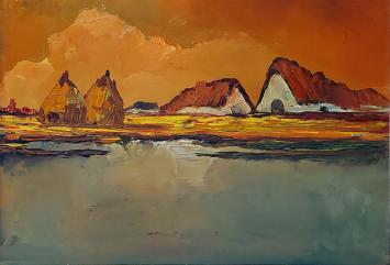 Leo Jordaens met een schilderij van een landschap