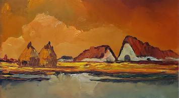 Kunstschilder Leo Jordaens met een schilderijtje op paneel