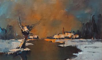 Kunstschilder Leo Jordaens met een schilderij op paneel