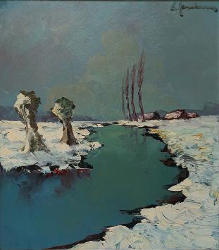 Leo Jordaens met een schilderij van een winterlandschap