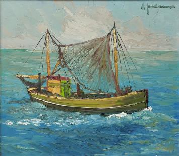 Leo Jordaens met een schilderij met een boot