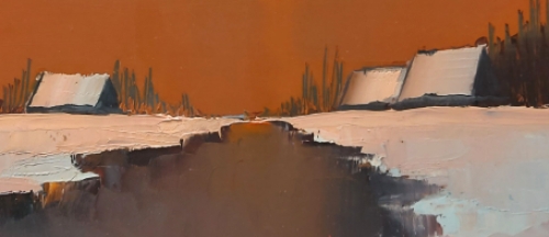 Kunstschilder Leo Jordaens met een schilderij op paneel