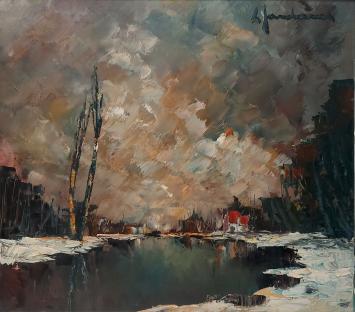 Leo Jordaens met een landschapsschilderij