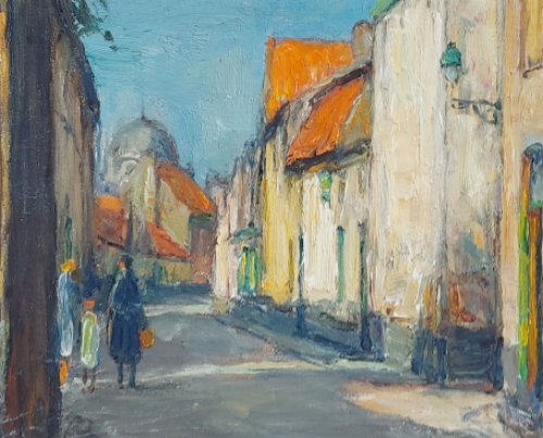 Leo Mechelaere met een olieverfschilderij op doek