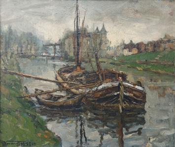 Olieverfschilderij van Leo Vandersmissen, boot op rivier