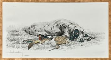 Léon Danchin met een ets van Engelse setter