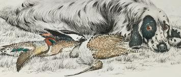 Grote litho van Léon Danchin, hond met jachtwild