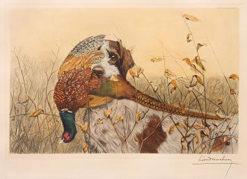 Léon Danchin met een litho van een Griffon Korthals