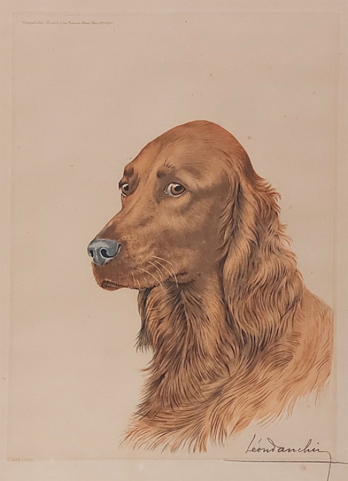 Léon Danchin met een litho van een jachthond