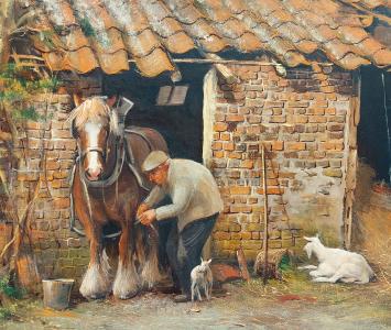 De boer met paard en geitje aan de boerderij