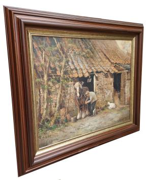 De boer met paard en geitje aan de boerderij