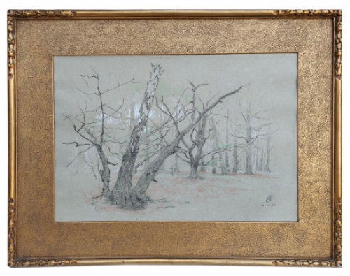 Opgehoogde tekening Opgedragen aan August Vermeylen (1925) van Leo Engels met bomen in een sereen boslandschap.
