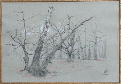 Raised drawing Dedicated to August Vermeylen (1925) by Leo Engels depicting trees in a serene forest landscape.