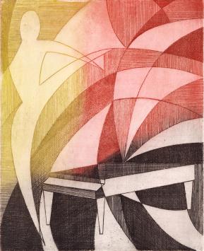 De Belgische etser Léon Smets met een abstract grafisch werk