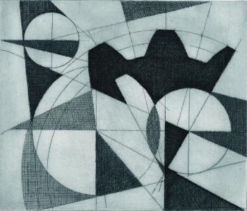 De Belgische etser Léon Smets met een abstract kunstwerkje