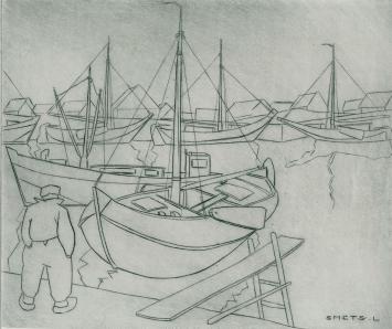 De Belgische graficus Léon Smets met een burijn gravure