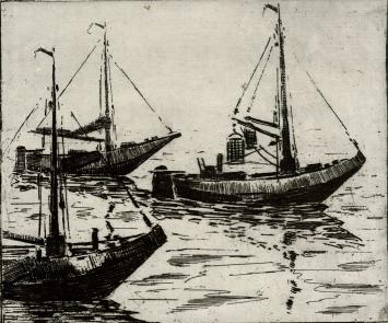 De Belgische etser Léon Smets met een grafisch kunstwerkje