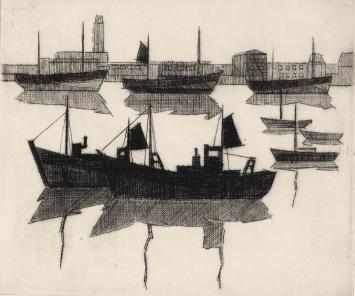 De Belgische etser Léon Smets met een kunstwerkje op papier