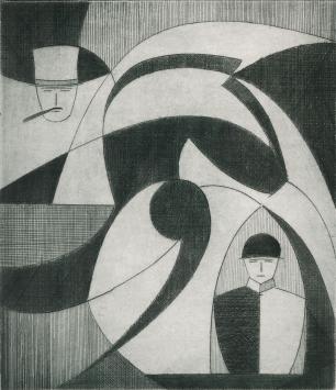 De Belgische etser Léon Smets met een kunstwerkje op papier