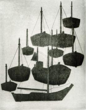 De Belgische etser Léon Smets met een ets van bootjes