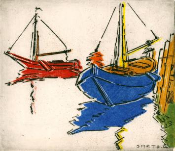 De Belgische graficus Léon Smets met een burijn gravure