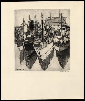 Vissersboten met vissers van de Belgische kunstenaar Léon Smets