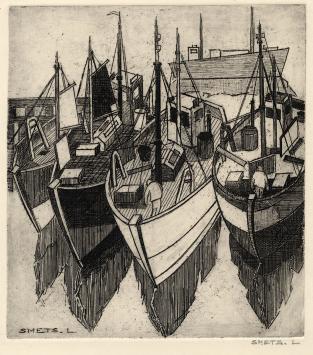 Zicht op vissersboten in het water