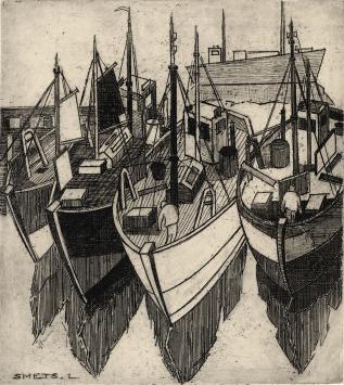 De Belgische etser Léon Smets met een grafisch kunstwerk