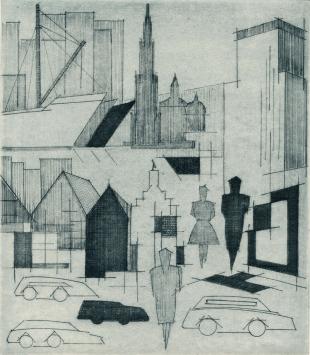 De Belgische etser Léon Smets met een grafisch kunstwerkje