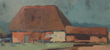 Schilderij, aardenweg naar de hoeve