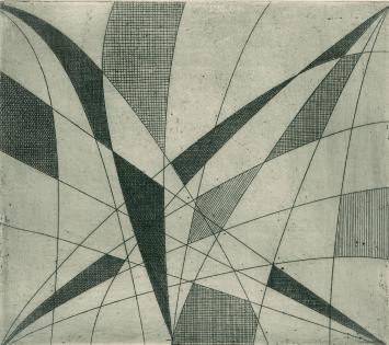 De Belgische etser Léon Smets met een abstract kunstwerkje op papier