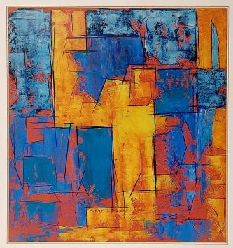 geometrische abstractie met expressieve, materiële schildertechniek