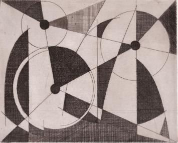 De Belgische etser Léon Smets met een abstract kunstwerkje
