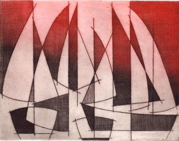 De Belgische etser Léon Smets met een rood kunstwerkje op papier