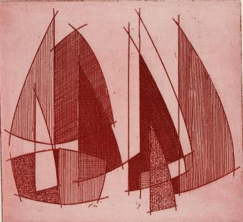 De Belgische etser Léon Smets met een abstract grafisch kunstwerkje