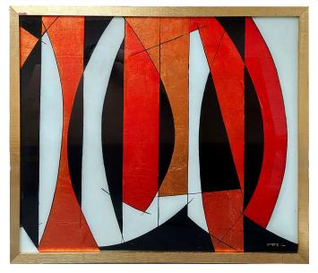 Achterglasschildering, Abstractie zeilen in de wind, verre églomisé door Léon Smets in rood, wit, zwart en goud.