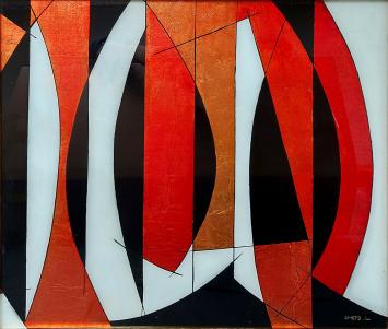 Reverse glass painting, Abstractie zeilen in de wind, verre églomisé by Léon Smets in red, white, black, and gold.