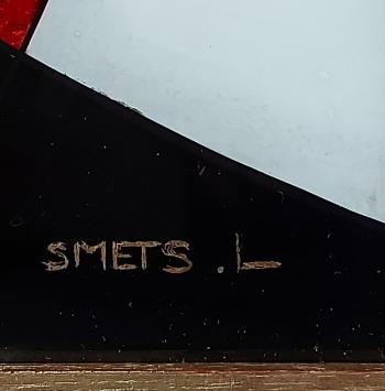 Peinture sous verre, Abstractie zeilen in de wind, verre églomisé par Léon Smets en rouge, blanc, noir et or.