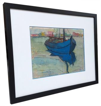 Gouache, vissersboot aan de Belgische kust