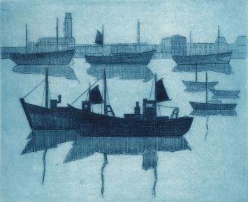 De Belgische etser Léon Smets met een kunstwerkje op papier