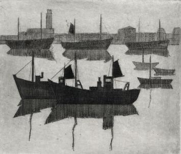 De Belgische etser Léon Smets met een kunstwerkje op papier