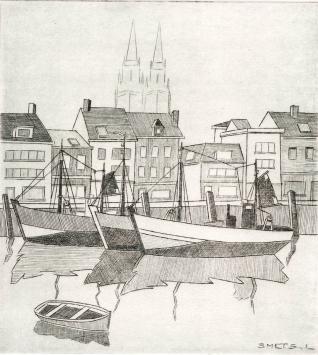 De Belgische etser Léon Smets met een grafisch kunstwerkje