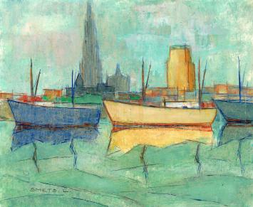 De Belgische kunstenaar Léon Smets met een schilderij