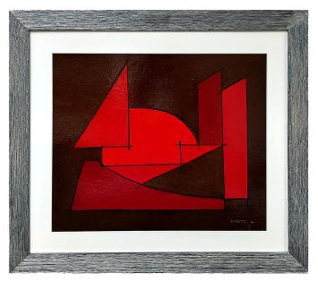 Abstract schilderij, het zeilwezen, Léon Smets, rood geometrisch werk op donkere achtergrond, verf op karton.