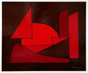 Abstract painting, Het zeilwezen, Léon Smets, red geometric forms on dark background, paint on cardboard.