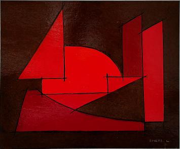 Peinture abstraite, Het zeilwezen, Léon Smets, formes géométriques rouges sur fond sombre, peinture sur carton.
