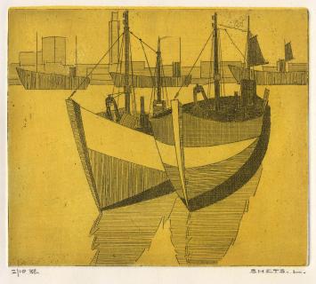 Een kleine ets van Léon Smets, boten in de haven